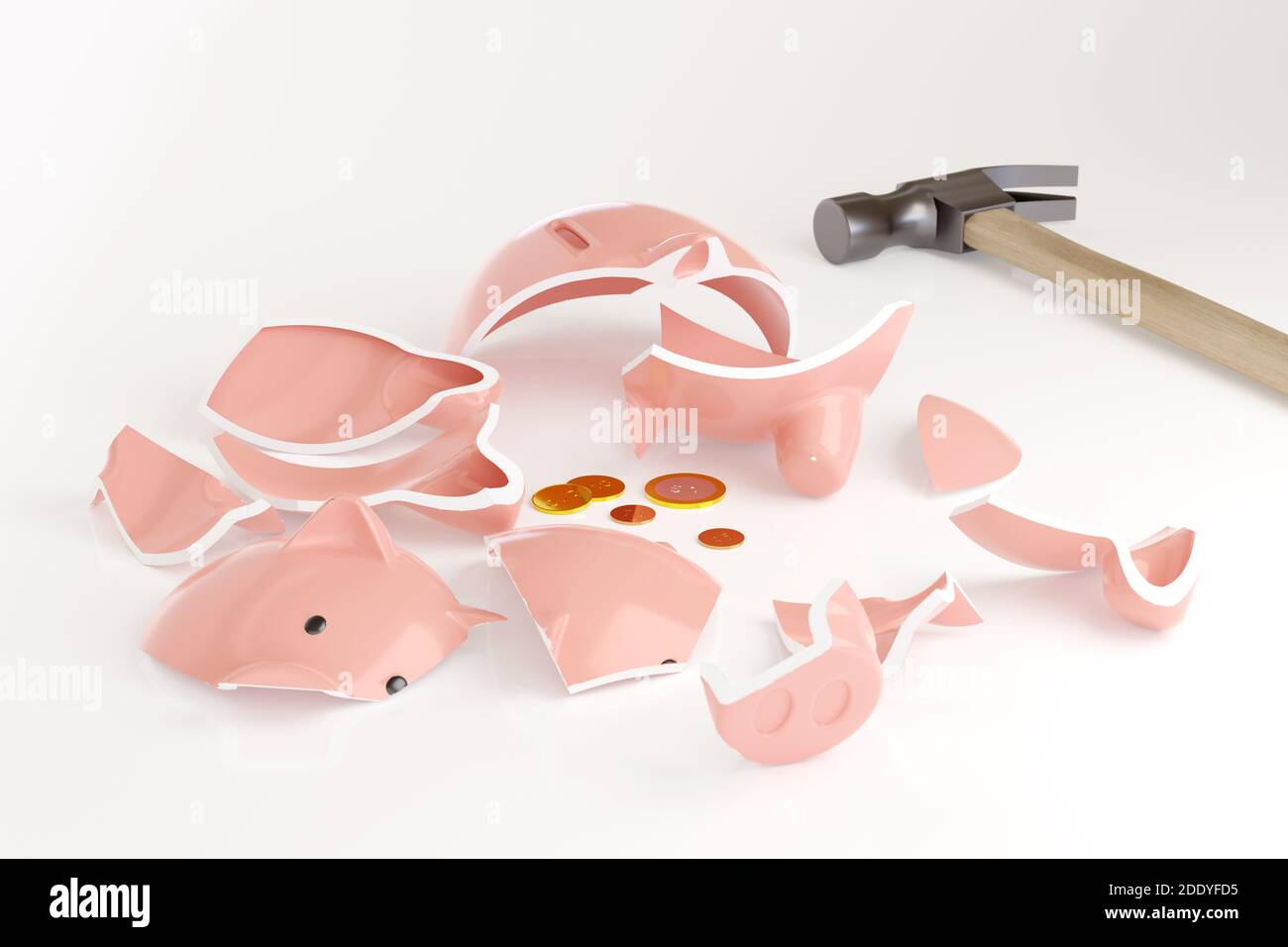 Banca piggy rotta con alcune monete accanto ad un martello isolato su sfondo bianco. Concetto di crisi. illustrazione 3d. Foto Stock
