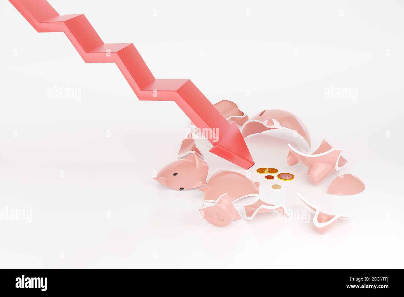 Giù grafico rompe una banca piggy con alcune monete isolate su sfondo bianco. Concetto di fallimento. illustrazione 3d. Foto Stock