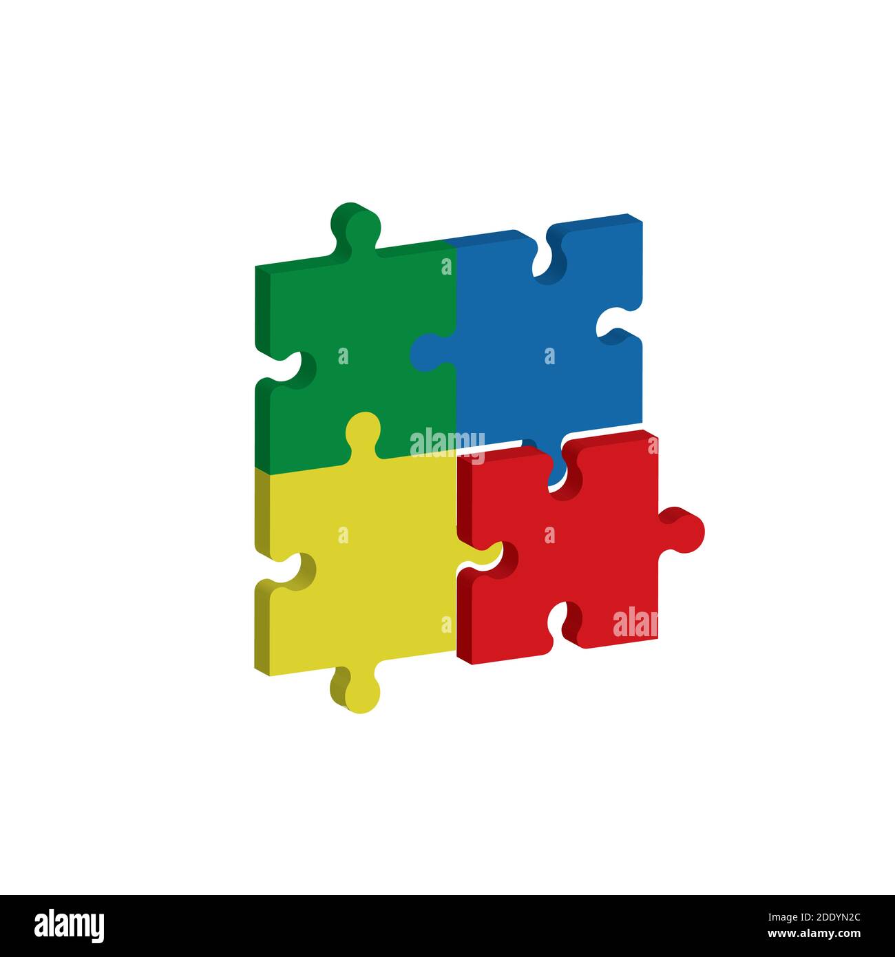 Quattro pezzi di puzzle, rosso, blu, verde e giallo, che si uniscono in tre dimensioni. Concetto di lavoro di squadra. Illustrazione vettoriale. Illustrazione Vettoriale