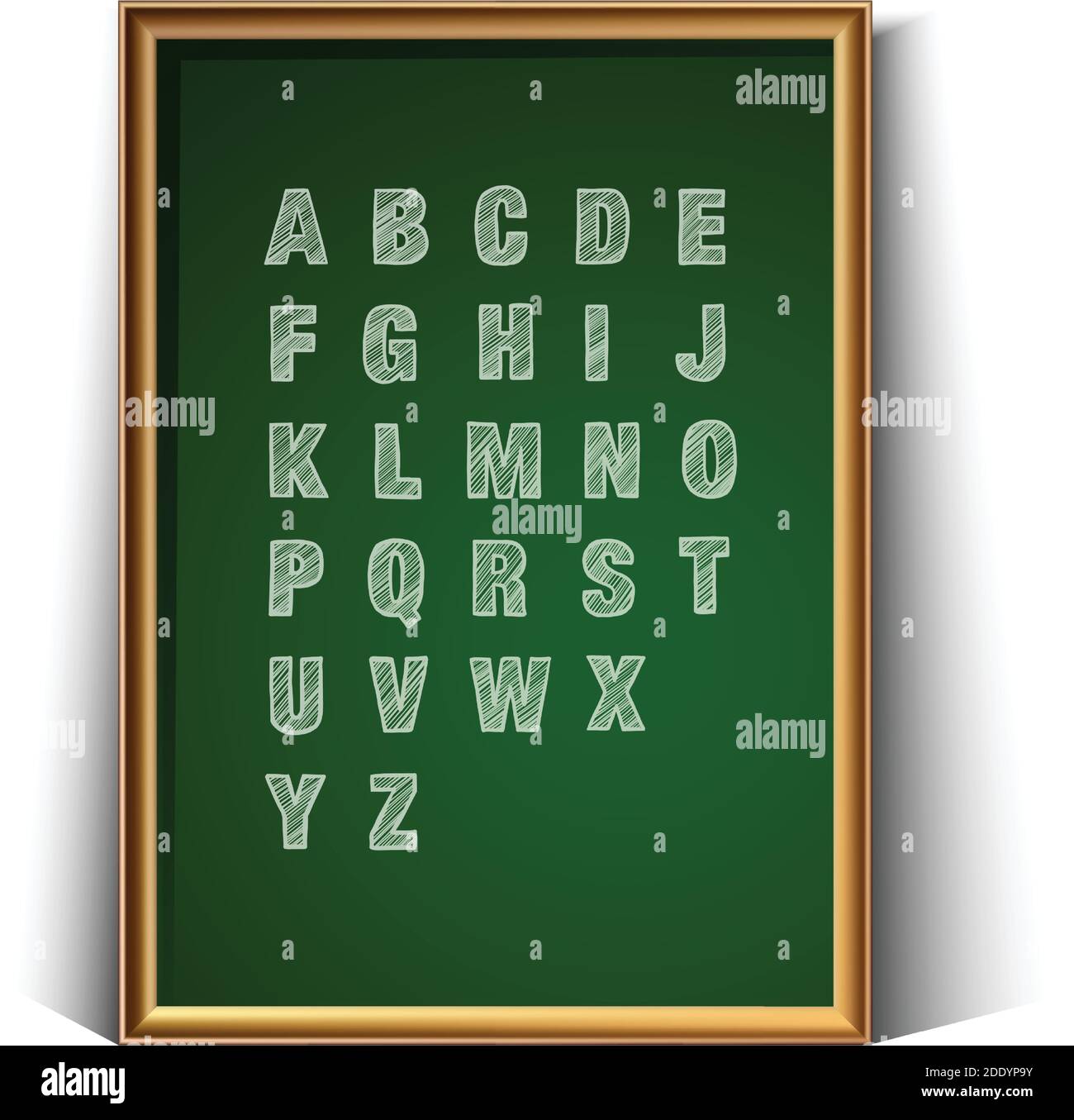 3d realistico vettore scuola verde carbone tavola per la scrittura con alfabeto disegnato a mano. Isolato su sfondo bianco. Illustrazione Vettoriale
