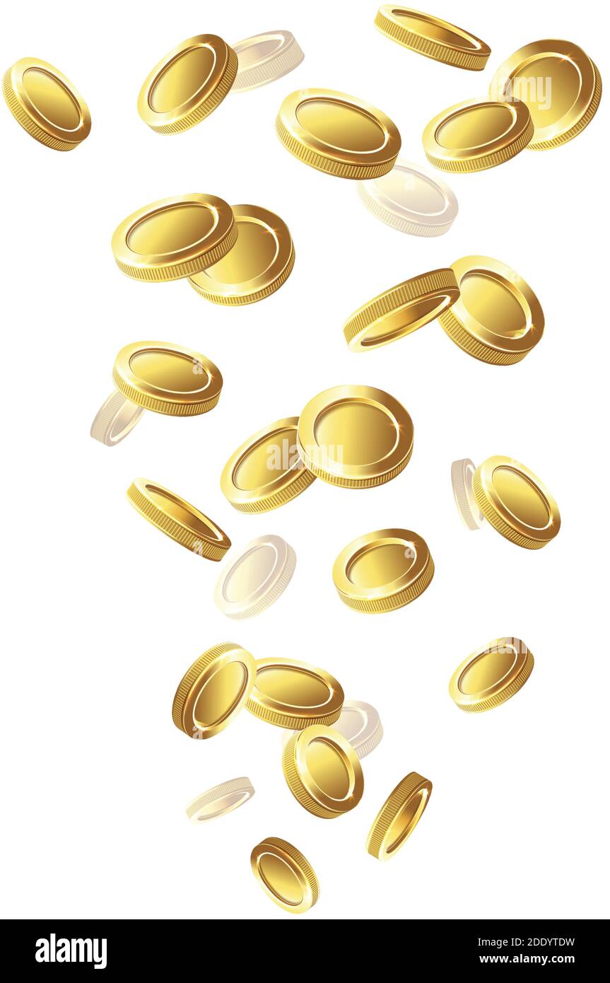 monete d'oro in caduta vettoriale 3d realistico. Icona isolata su sfondo bianco. Illustrazione Vettoriale