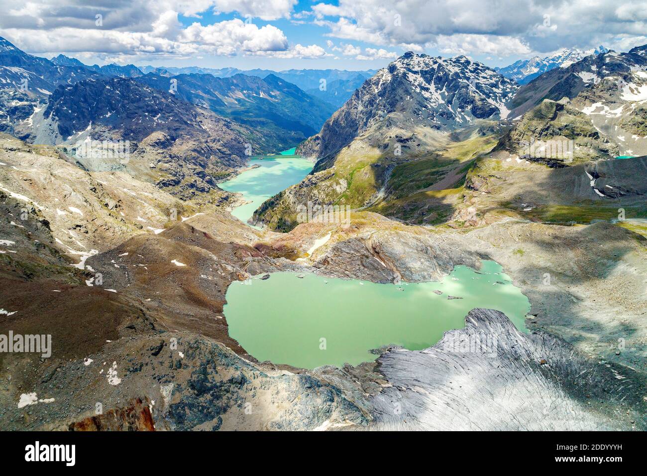 Valmalenco (IT), veduta aerea del ghiacciaio Fellaria e delle dighe di campo Moro e Franscia, luglio 2018 Foto Stock