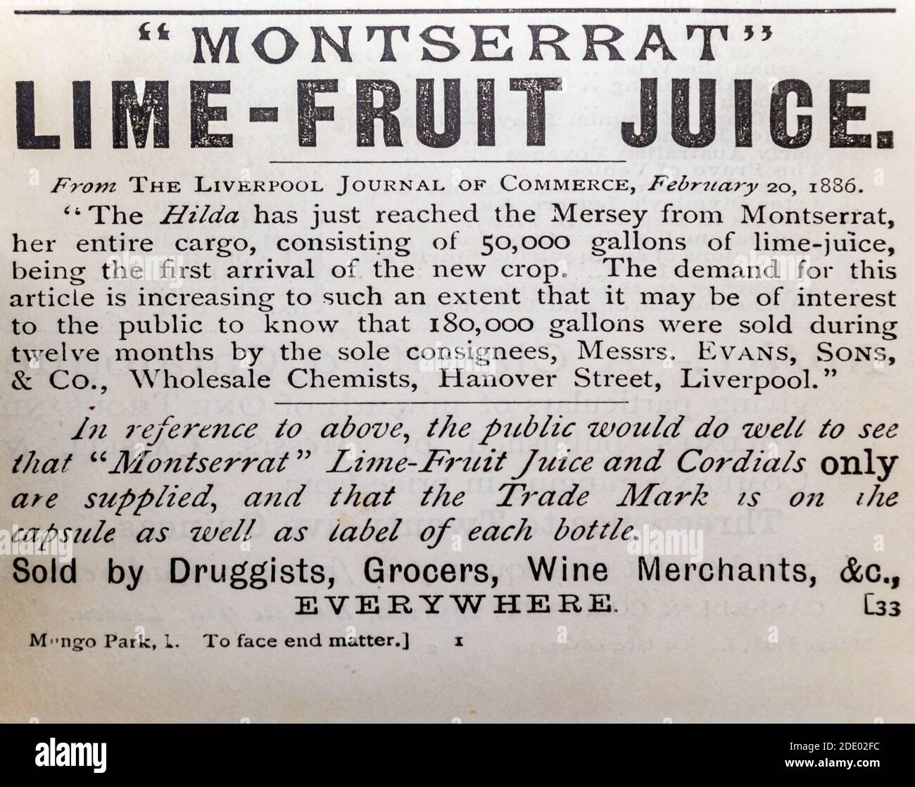 Montserrat Lime succo d'annata pubblicità circa 1887 Foto Stock