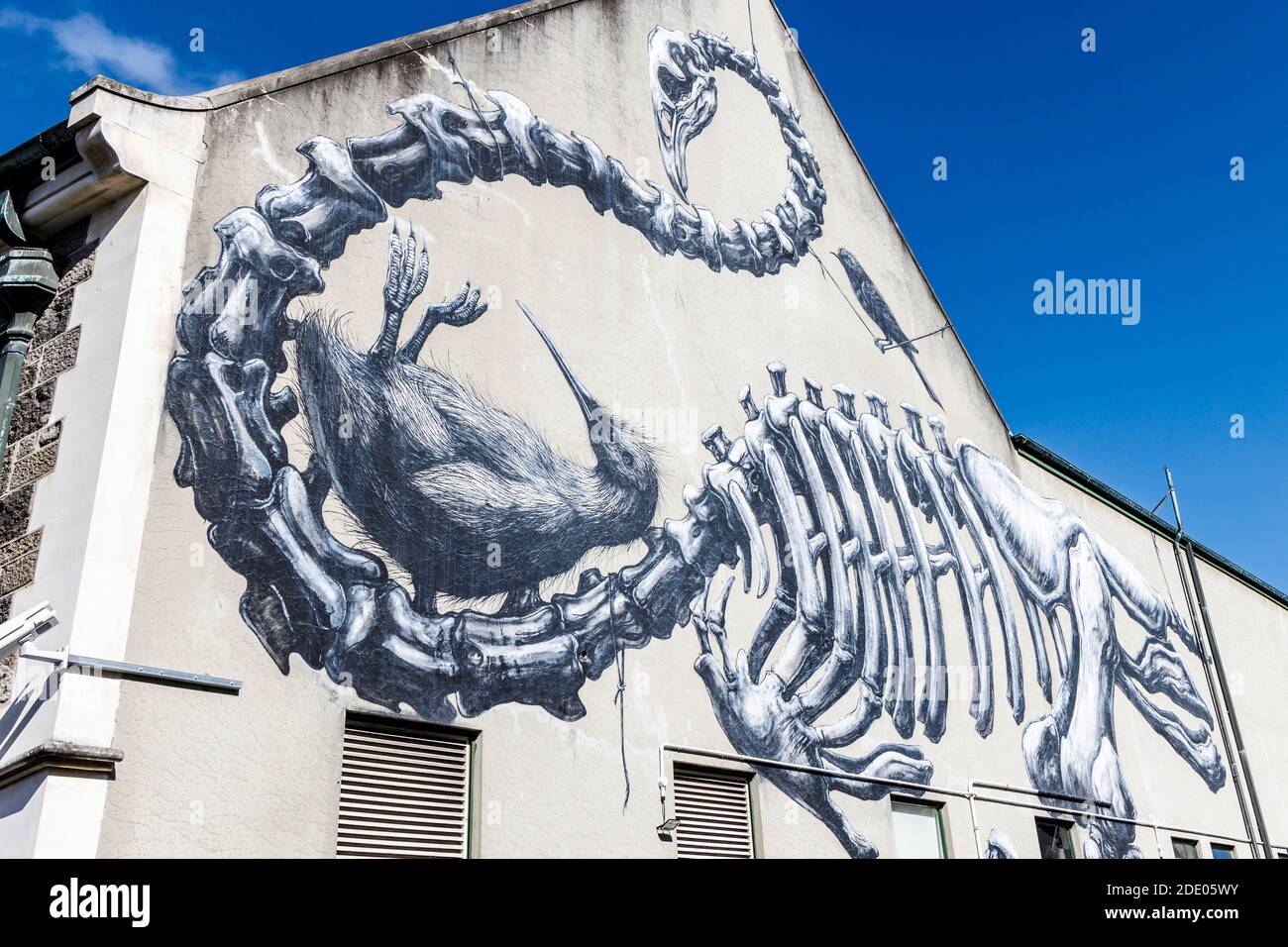 Uccelli nativi mostrati all'interno del ciclo di vita e morte dall'artista Roa. Al Canterbury Museum, Christchurch, Nuova Zelanda. Rise Festival 2014. Foto Stock