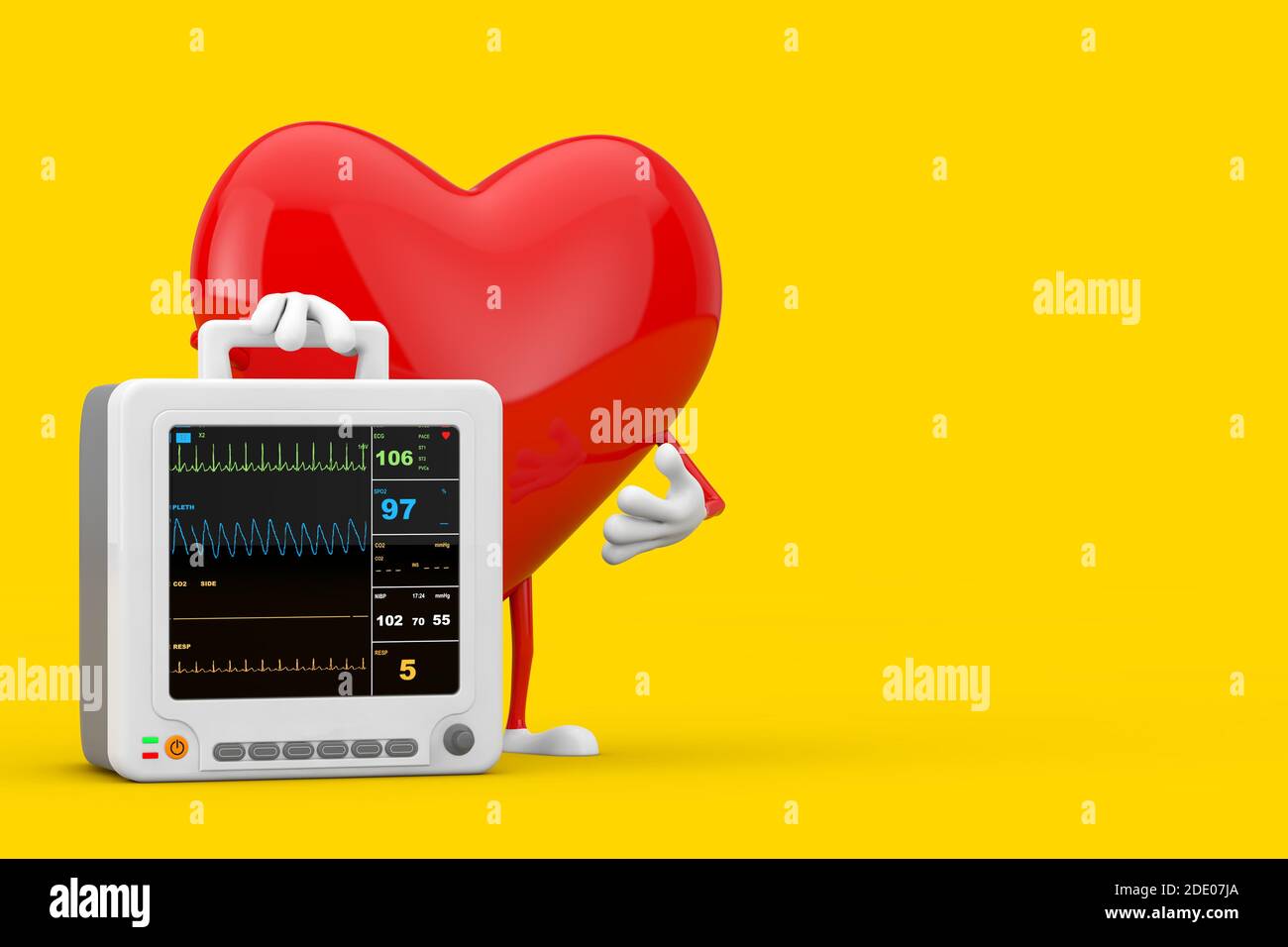 Mascotte di carattere cardiaco rosso con apparecchiatura di monitoraggio cardiaco portatile Health Care su sfondo giallo. Rendering 3d Foto Stock