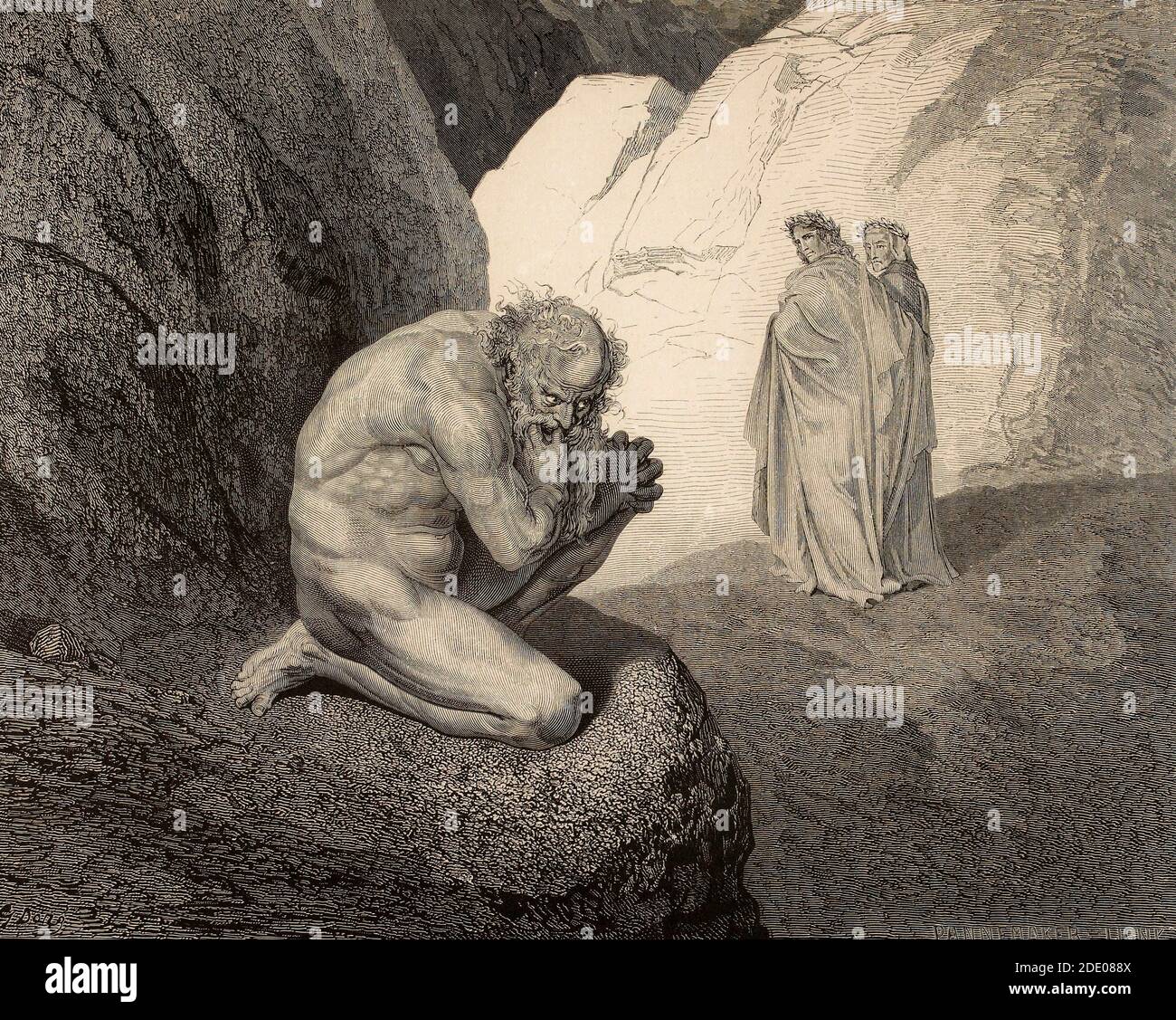 Dante Divina Commedia - Inferno - Dante e Virgilio Dante e Virgilio incontrano Plutone nella quinta cerchia dell'avido, prodigo, arrabbiato e sciocchito canto VII - illustrazione di Gustave Dorè Foto Stock