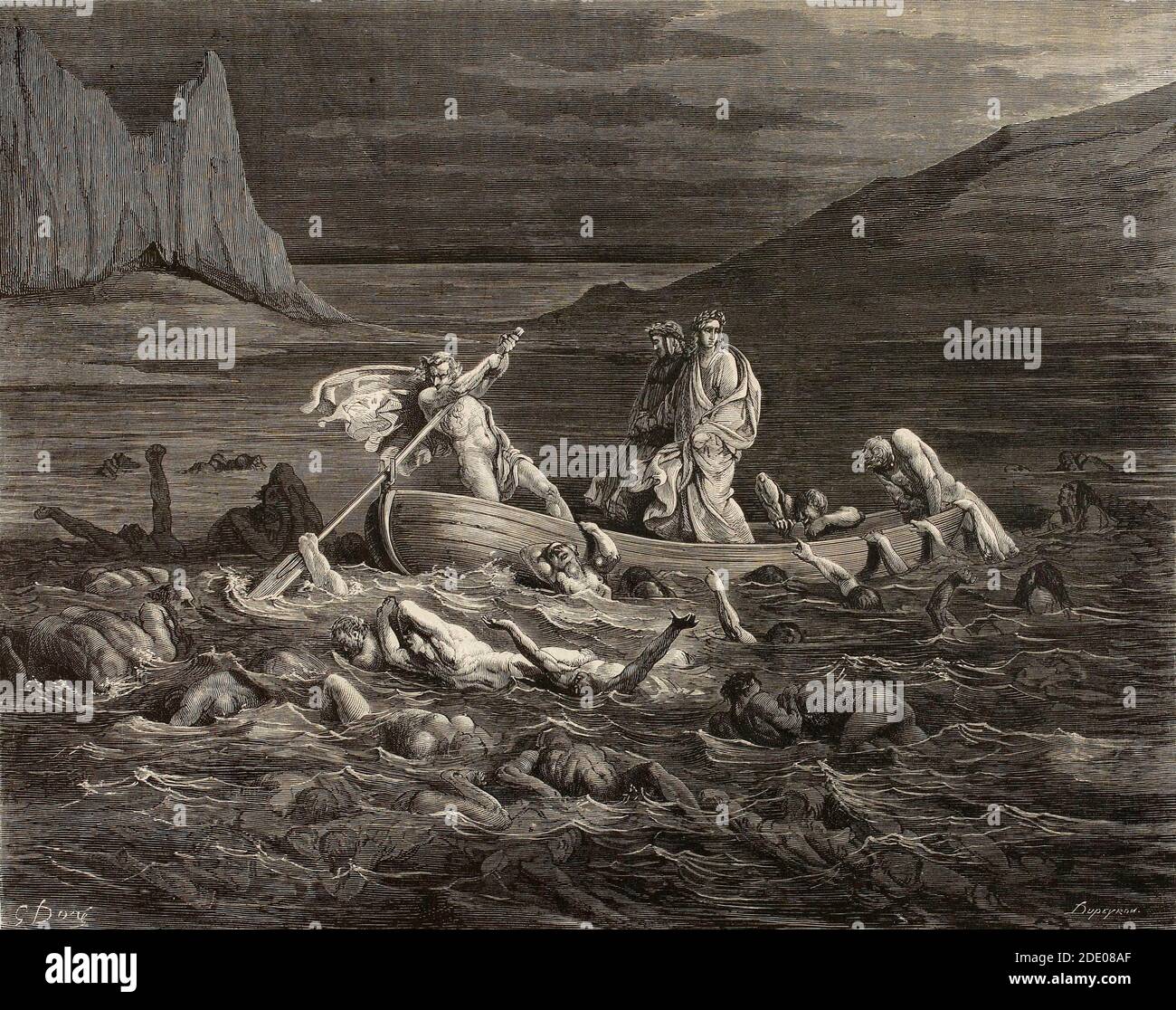 Dante Divina Commedia - Inferno - quinto cerchio - Flegyas FERRIES Dante e Virgilio attraverso la Stix, tra le dighe della palude - canto VIII - illustrazione di Gustave Dorè Foto Stock