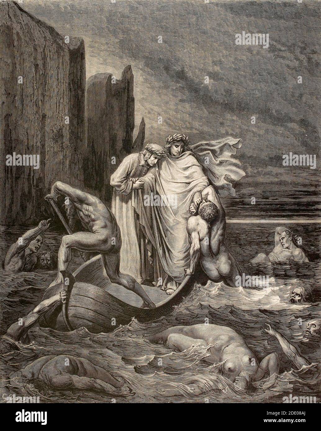 Dante Divina Commedia - Inferno - quinto cerchio - Virgilio Insegue Filippo Argenti che cerca di aggrapparsi alla Barca- canto VIII - illustrazione di Gustave Dorè Foto Stock