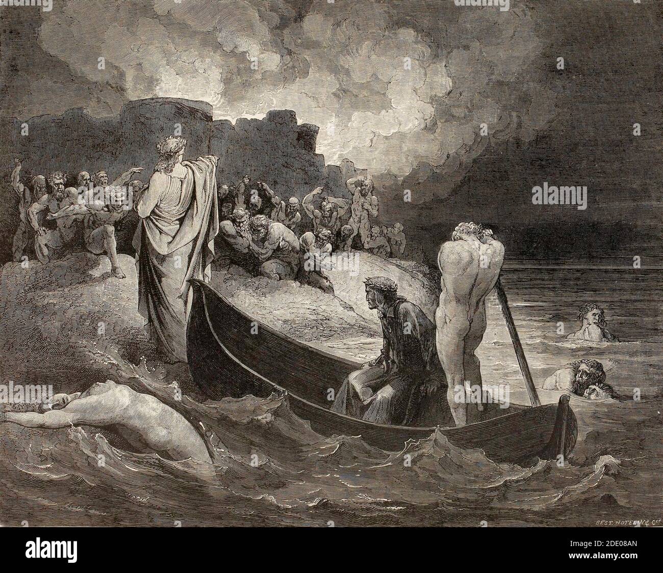 Dante Divina Commedia - Inferno - quinto cerchio - sbarco Di fronte alle mura della città di Dis - canto VIII - illustrazione di Gustave Dorè Foto Stock