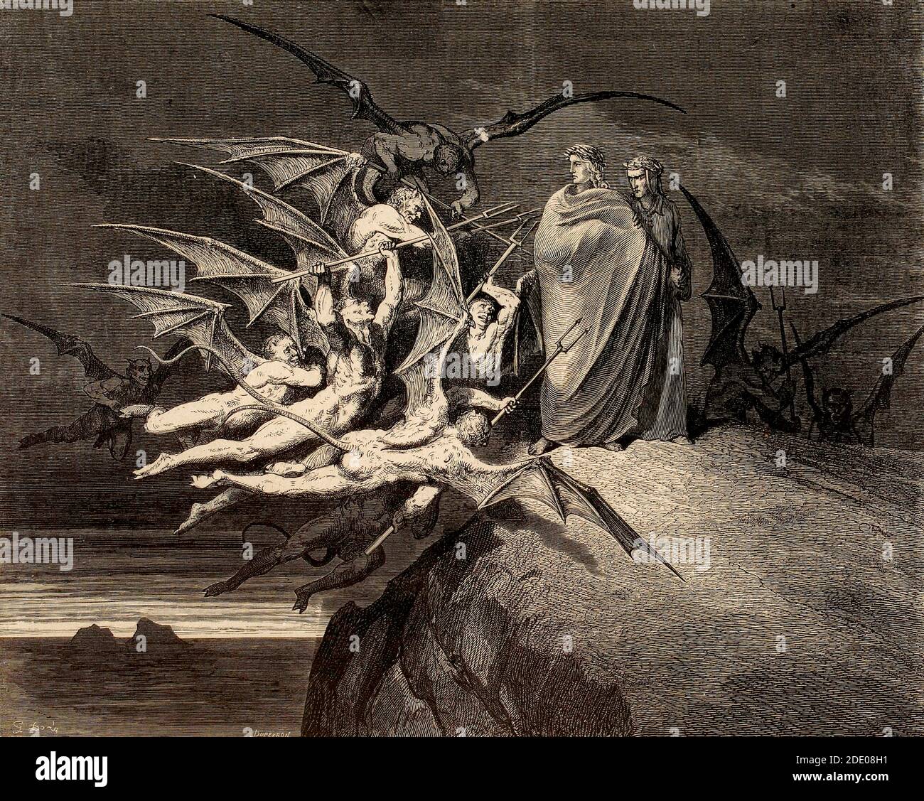 Dante Divina Commedia - Inferno - XXI canto dove gli abbezzatori Sono puniti - la Malebranche - VIII cerchio - illustrazione Di Gustave Dorè Foto Stock