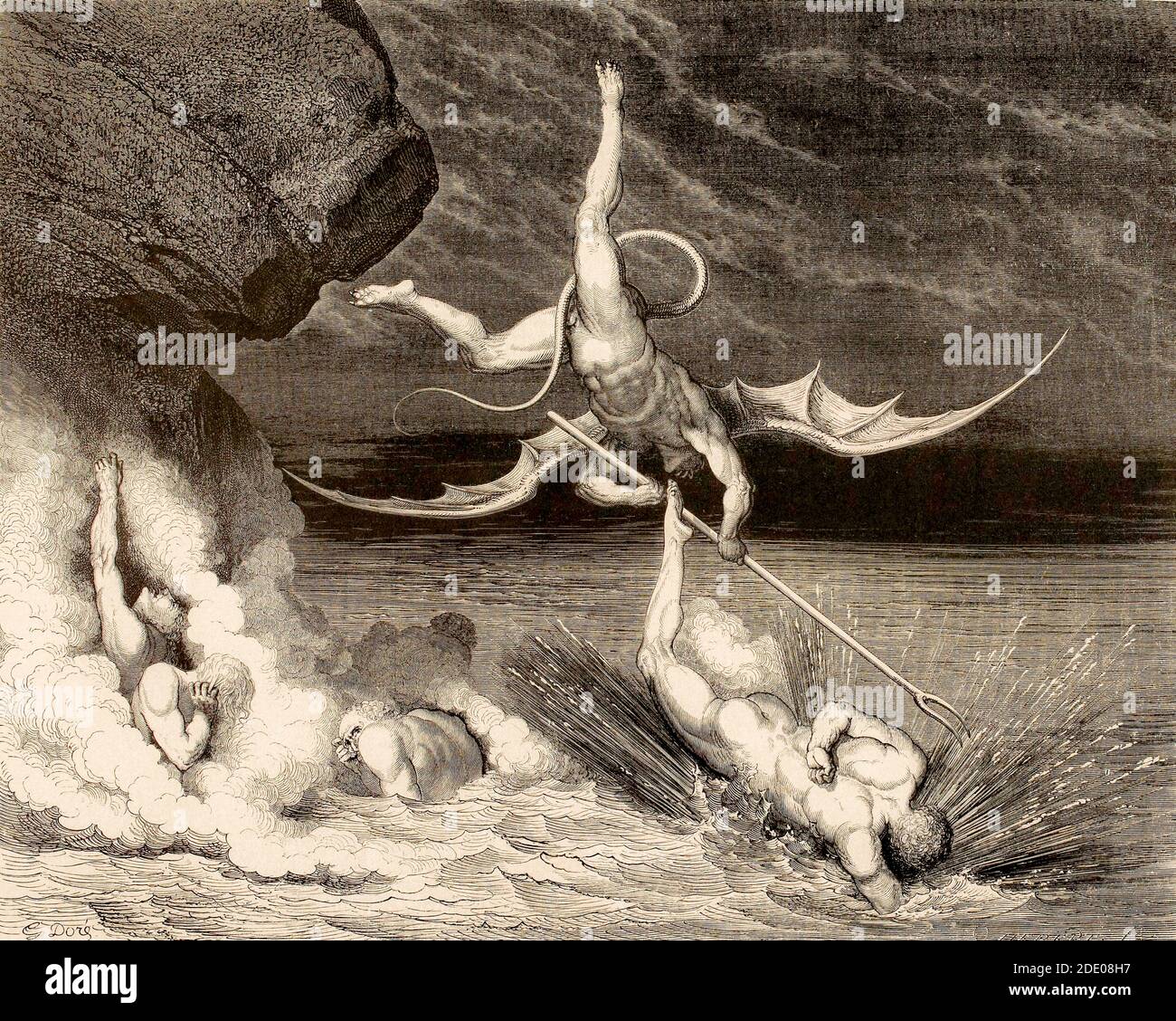 Dante Divina Commedia - Inferno - XXII canto - Alichino Insegue Ciampolo di Navarra - VIII cerchio - illustrazione di Gustave Dorè Foto Stock