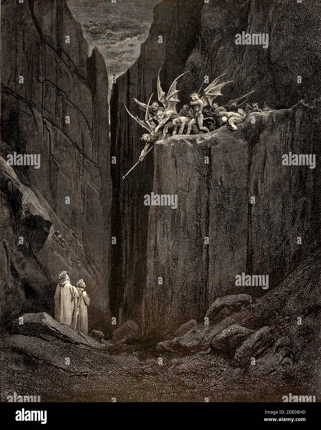 Dante Divina Commedia - Inferno - XXIII canto - dove il Gli ipocriti sono puniti -Fright e fuga di Dante e Virgilio - VIII cerchio - illustrazione di Gustave Dorè Foto Stock