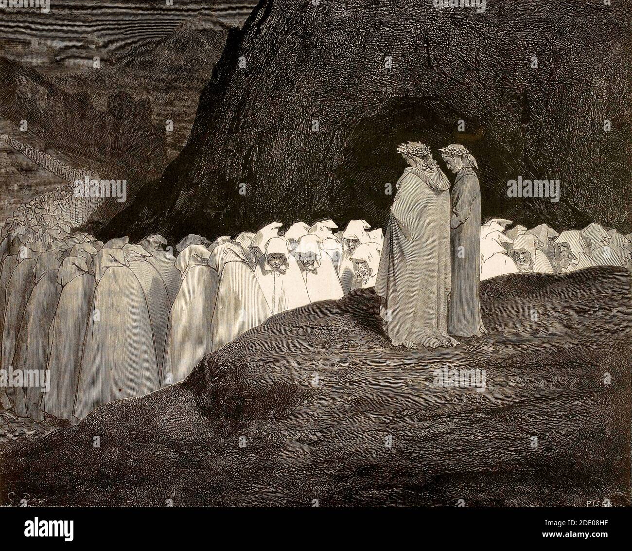 Dante Divina Commedia - Inferno - XXIII canto - dove il Gli ipocriti sono puniti - Dante e Virgilio gli ipocriti - VIII cerchio - illustrazione di Gustave Dorè Foto Stock