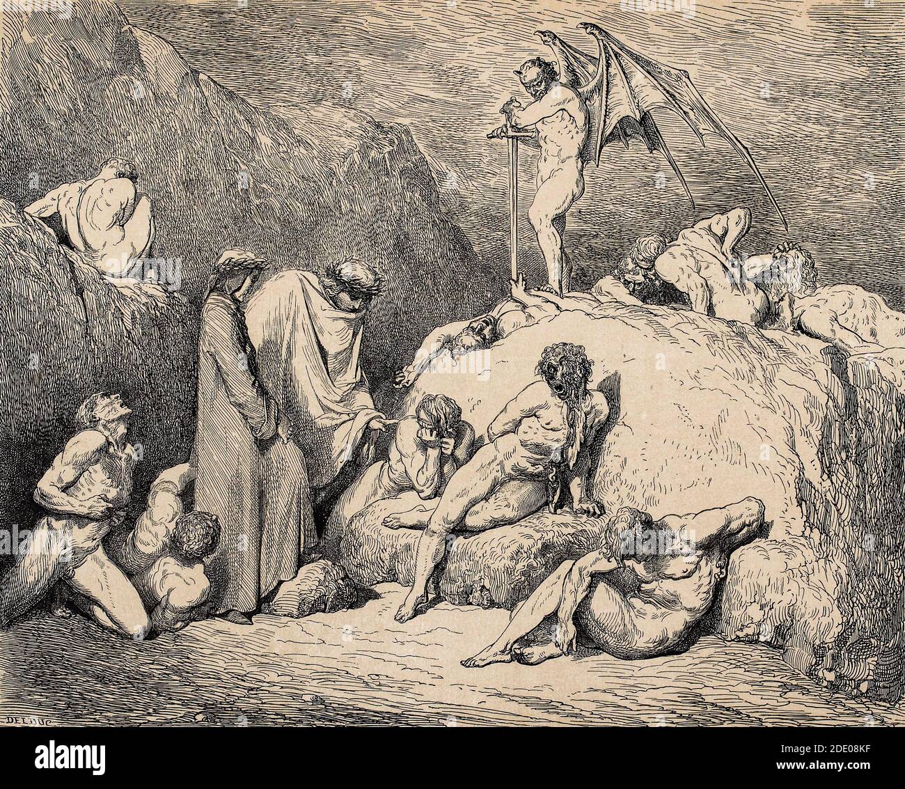 Dante Divina Commedia - Inferno - XXVIII canto - Virgilio E Dante incontrano Pier da Medicina- VIII Circolo - illustrazione Di Gustave Dorè Foto Stock