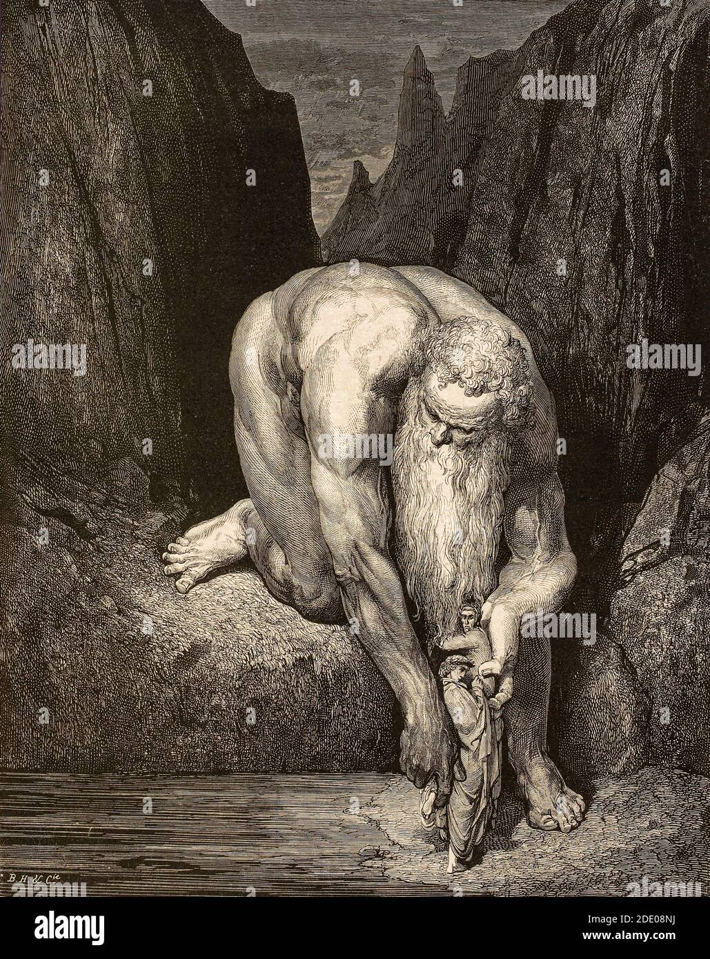 Dante Divina Commedia - Inferno - XXXI canto - Dante e Virgilio nel pozzo dei Giganti, puniti per opporsi a Dio - Anteo - IX cerchio - illustrazione di Gustave Dorè Foto Stock