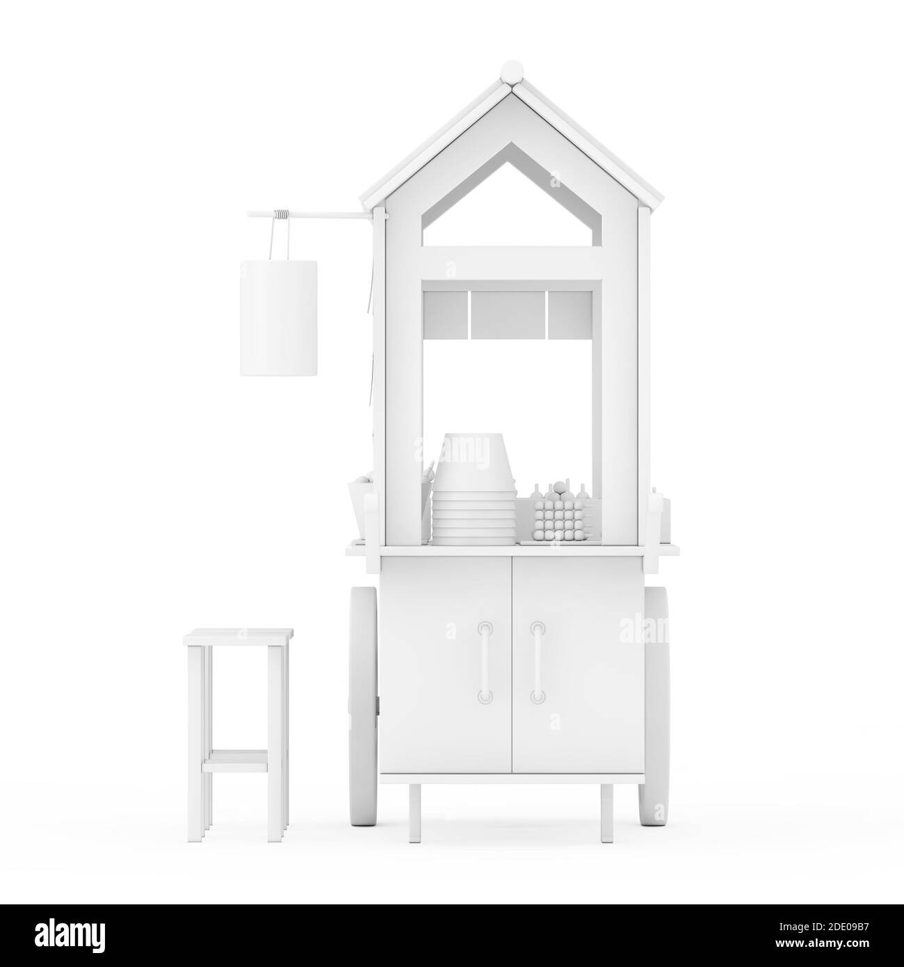 Carrello di Noodle con sedie in stile Clay su sfondo bianco. Rendering 3d Foto Stock