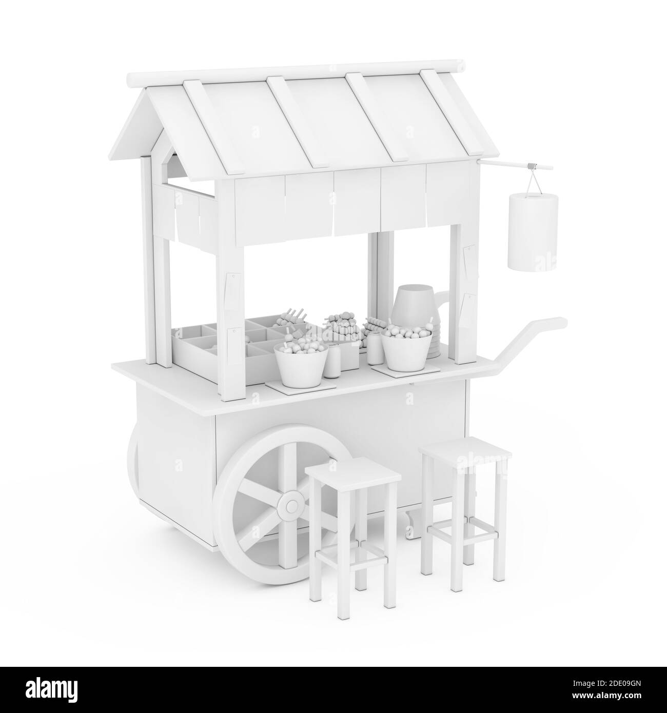 Carrello di Noodle con sedie in stile Clay su sfondo bianco. Rendering 3d Foto Stock