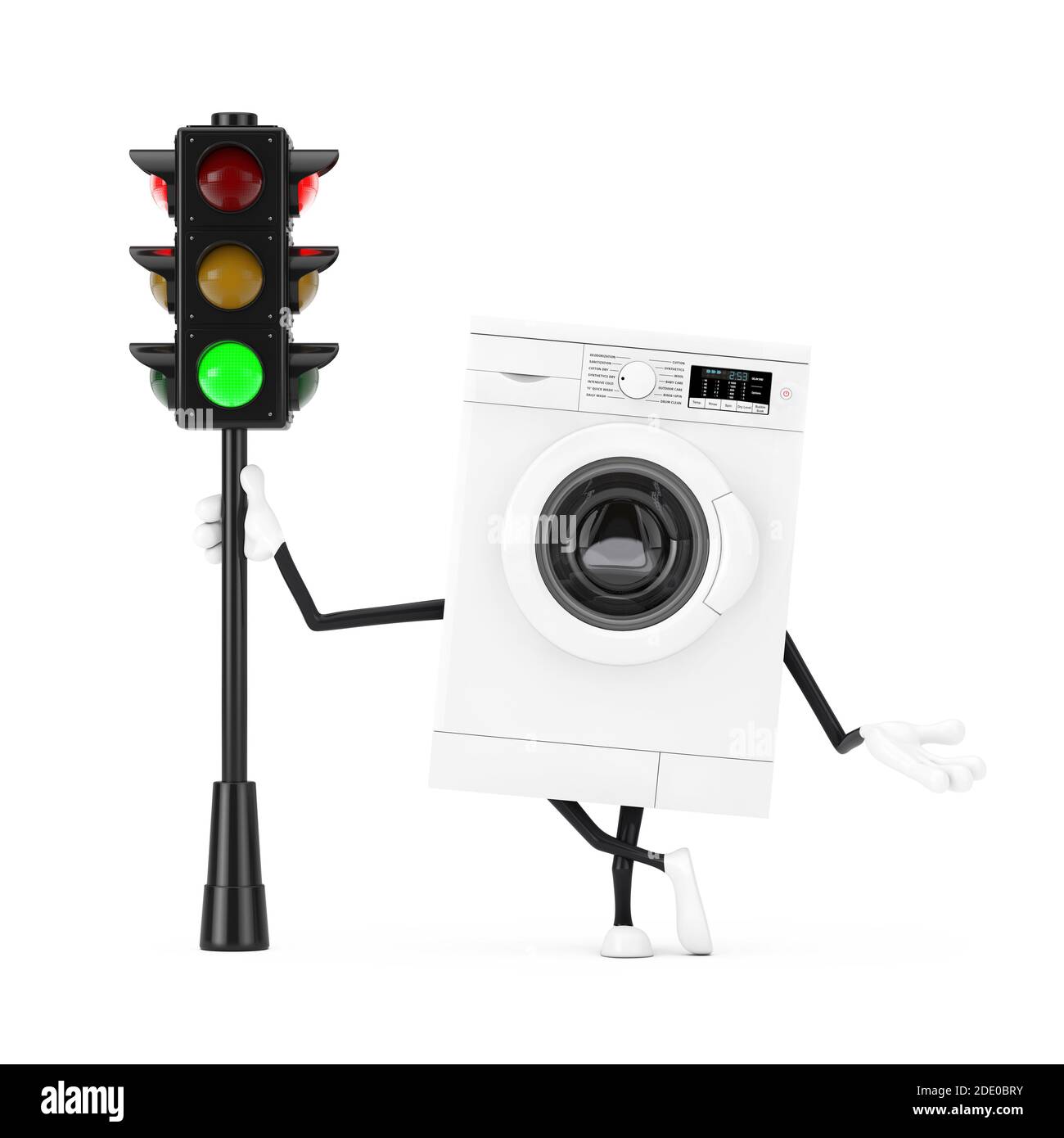 Modern White lavatrice personaggio Mascot con Traffic Green Light su sfondo bianco. Rendering 3d Foto Stock