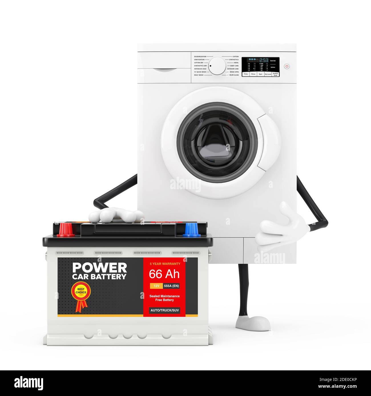 Modern White lavatrice personaggio Mascot e batteria ricaricabile per auto  accumulatore 12V con etichetta astratta su sfondo bianco. Rendering 3d Foto  stock - Alamy