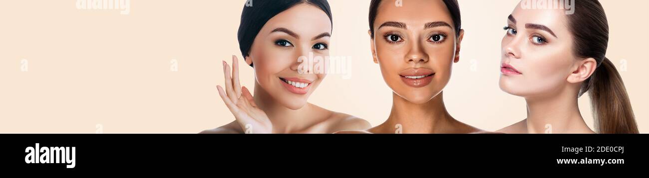 Pelle di bellezza multietnica. Tre donne di diversa etnia con pelle naturale lucida su sfondo beige pastello Foto Stock