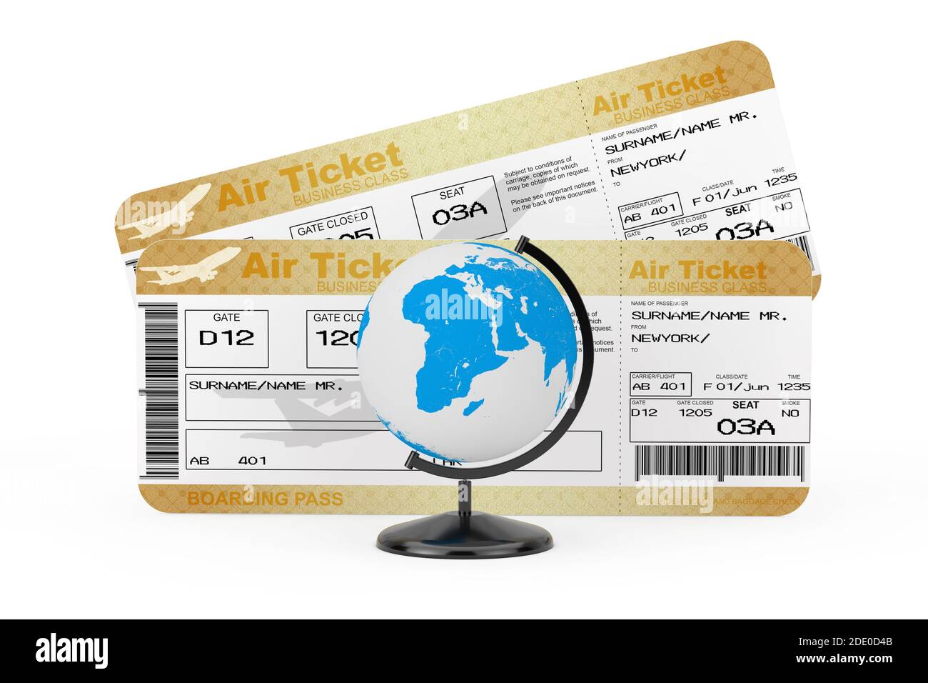 Desk Earth Globe di fronte a due biglietti aerei Golden Business o First Class Airline Boarding Pass su sfondo bianco. Rendering 3d Foto Stock
