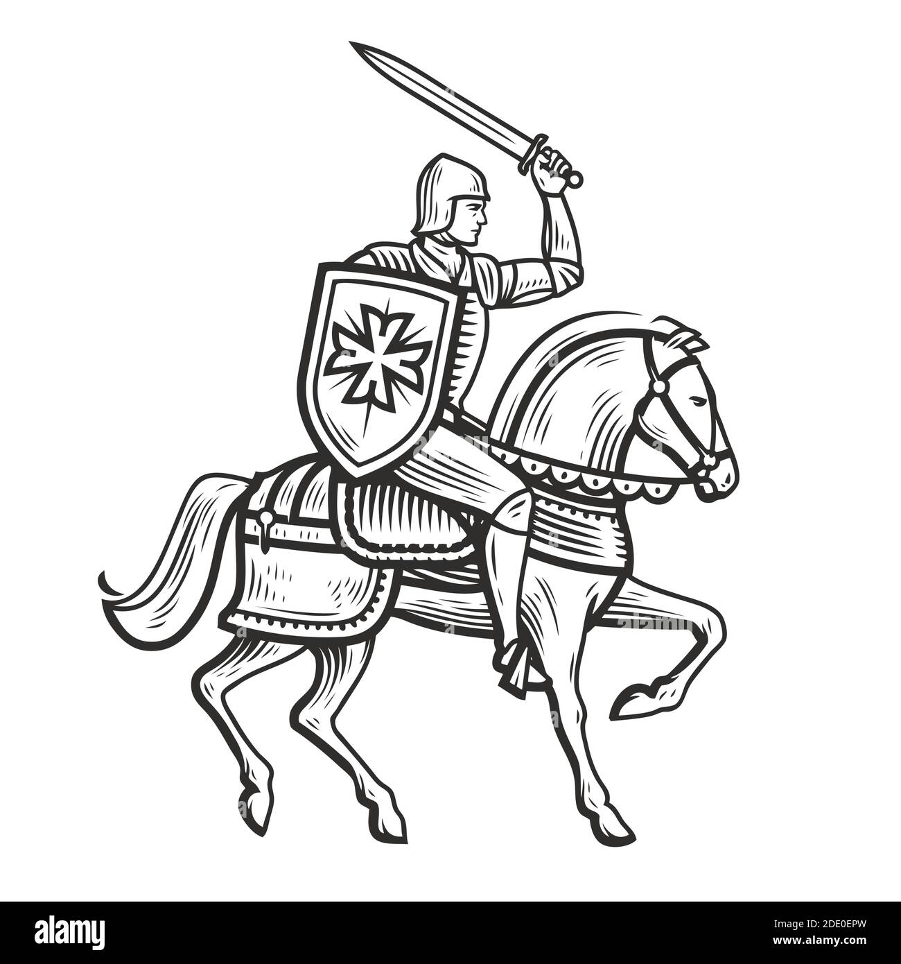 Cavaliere in armatura a cavallo. Illustrazione del vettore simbolo eraldico medievale Illustrazione Vettoriale