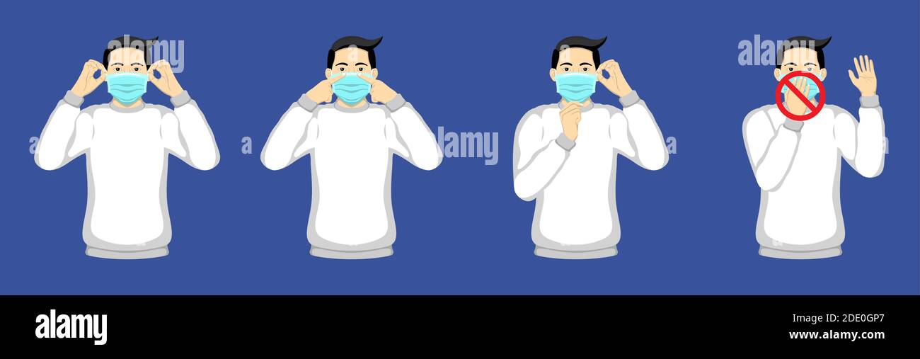 Indossare e rimuovere la maschera chirurgica. Illustrazione infografica dettagliata di come indossare e rimuovere una maschera chirurgica. Illustrazione Vettoriale