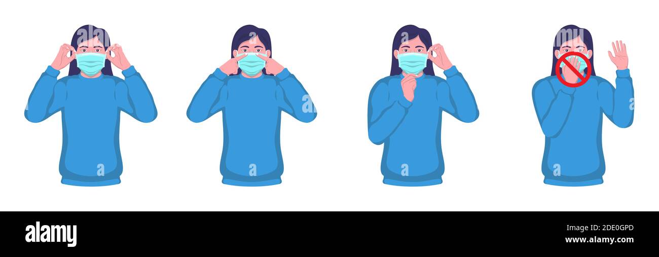 Indossare e rimuovere la maschera medica. Illustrazione infografica dettagliata su come indossare e rimuovere una maschera medica. Illustrazione Vettoriale