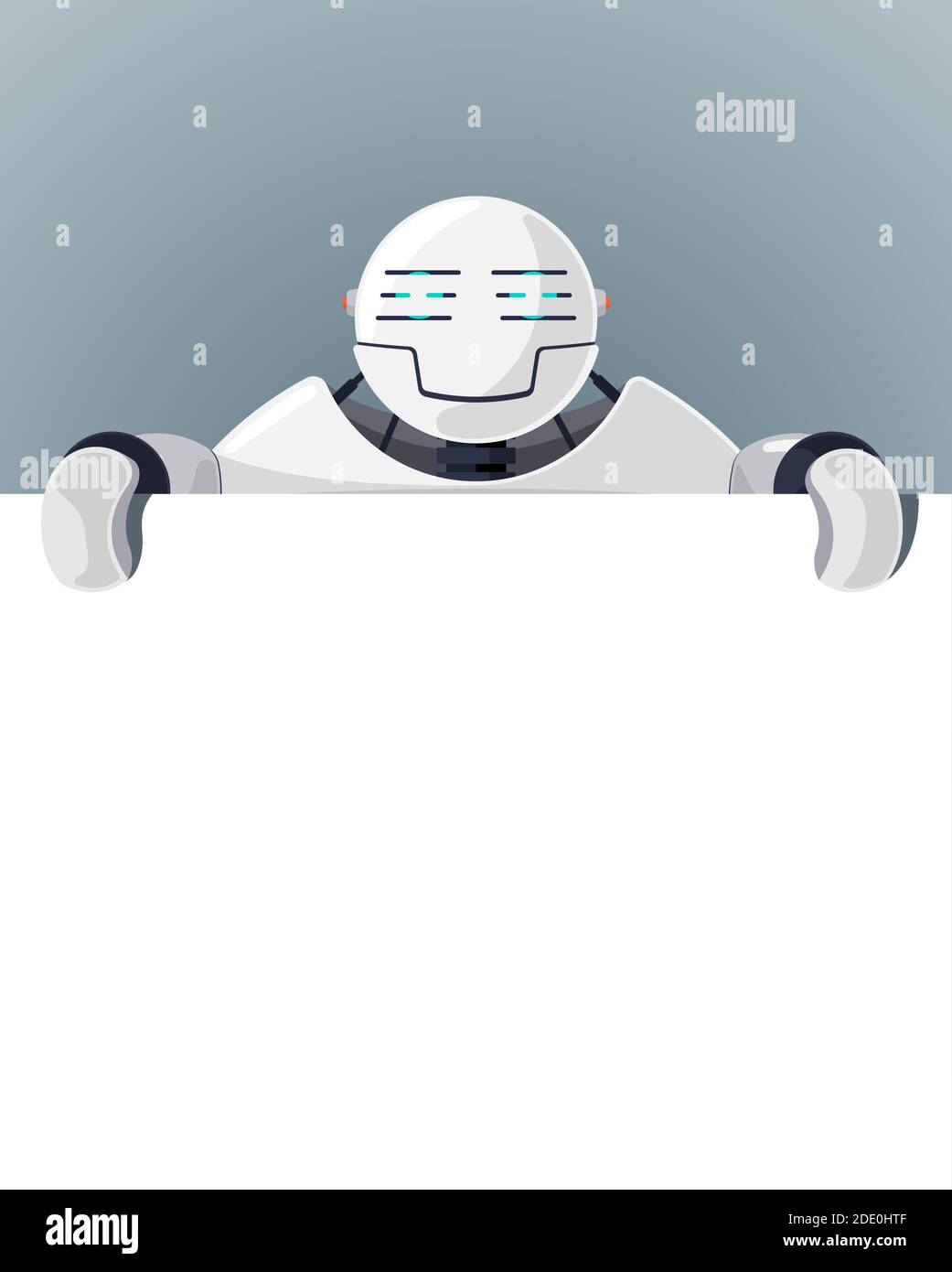 Il robot cartoon si trova dietro lo spazio vuoto per il poster per il testo. Personaggio bianco cyborg che tiene una lavagna bianca vuota per la presentazione. Banner informativo robotico Illustrazione Vettoriale