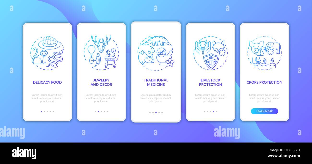 Schermata della pagina dell'app mobile onboarding animal Cruelty blu scuro con concetti Illustrazione Vettoriale