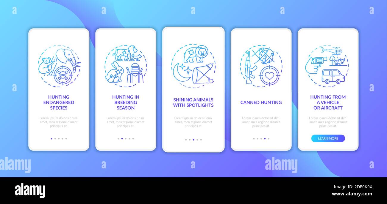 Schermata della pagina dell'app mobile onboarding blu scuro di caccia illegale con concetti Illustrazione Vettoriale