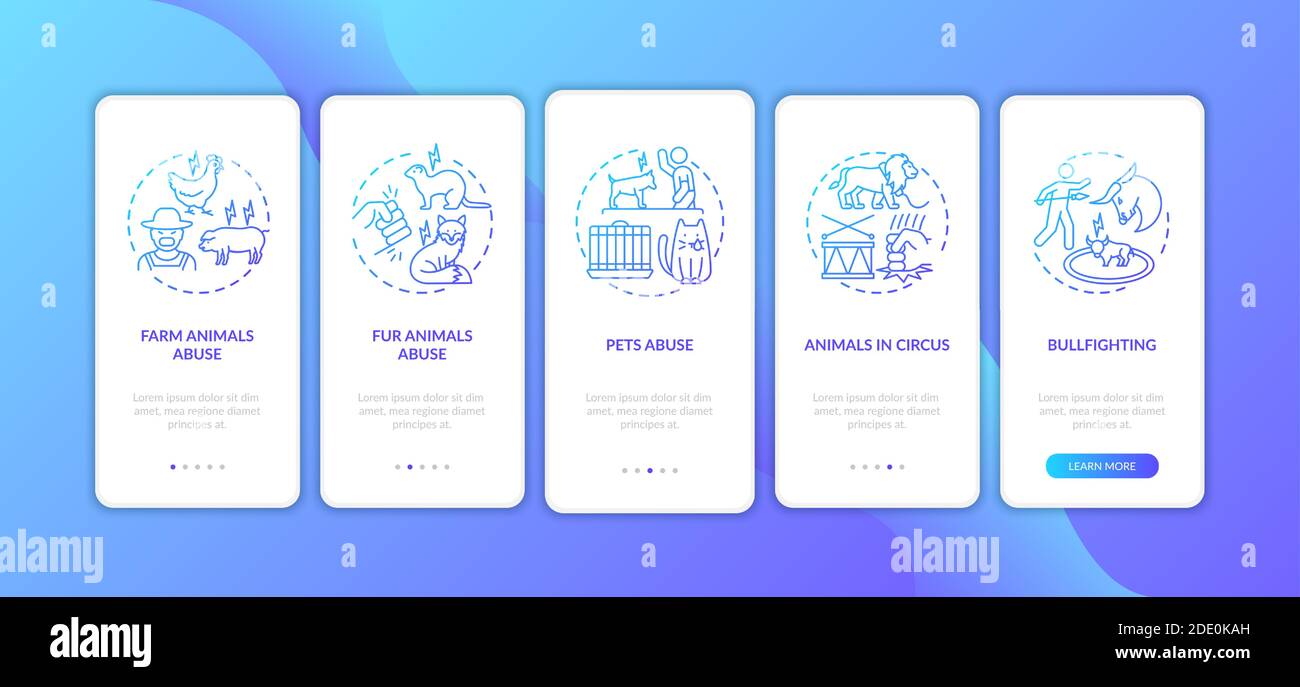 Schermata della pagina dell'app mobile onboarding blu scuro per abuso di animali con concetti Illustrazione Vettoriale