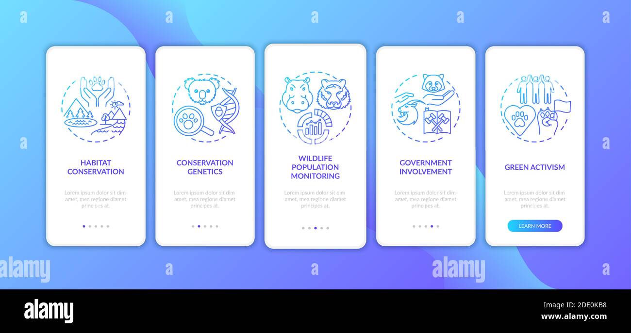 Preserva la natura blu scuro onboarding schermata della pagina dell'app mobile con concetti Illustrazione Vettoriale