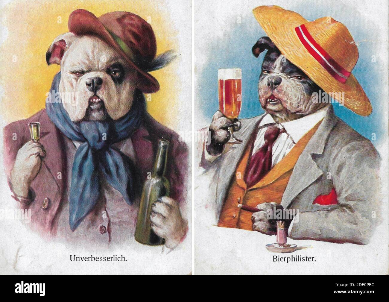 Due cani whimsical vestiti come esseri umani con vetro e bottiglia in mano bere alcol. Foto Stock