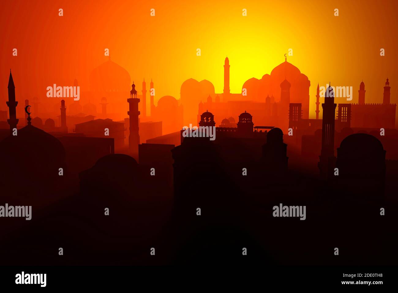 Silhouette di una città araba islamica. Medio Oriente. Monumenti religiosi e minareti con cupole. Vista del tramonto. rendering 3d. Luci e ombre Foto Stock
