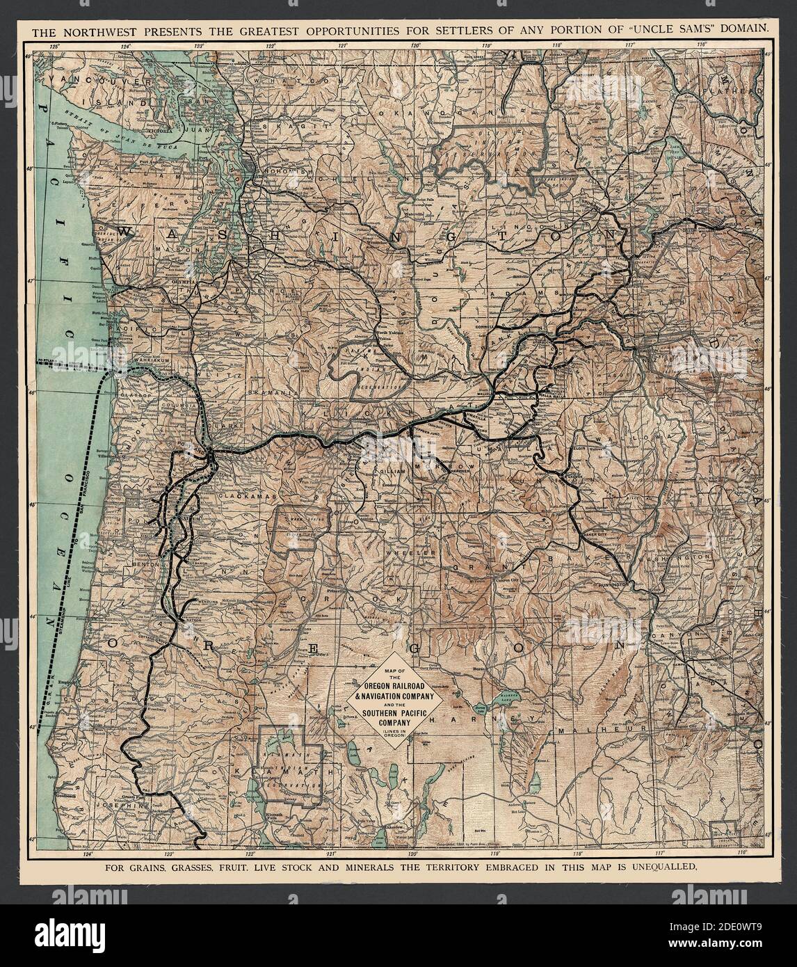 Old Map Title:Map of the Oregon Railroad and Navigation Company and the Southern Pacific Company ' questa è una riproduzione migliorata e restaurata di una vecchia mappa ferroviaria della regione dell'Oregon circa 1898. Foto Stock
