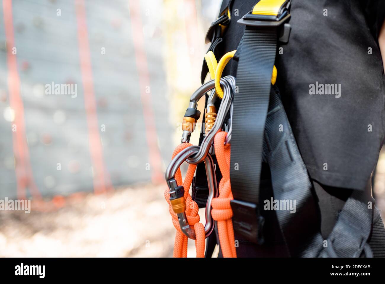 Primo piano delle attrezzature di sicurezza per gli scalatori indossati sulla donna con parete di arrampicata sullo sfondo Foto Stock