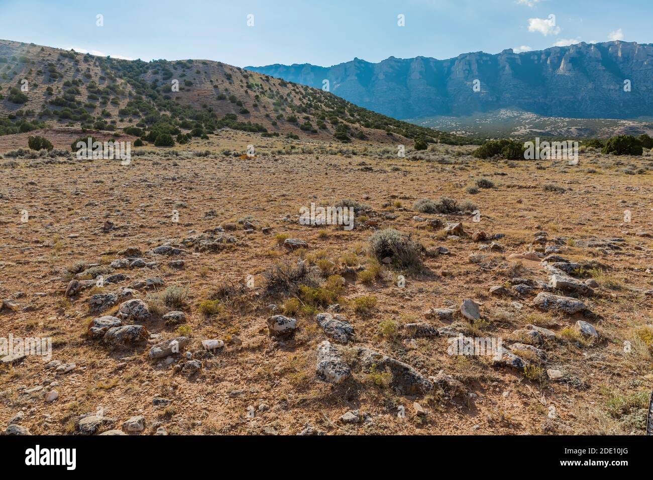 Antichi anelli di Tipi dagli antenati degli Indiani Crow e Shoshone lungo due Eagles Interpretive Trail nella Bighorn Canyon National Recreation Area, nea Foto Stock