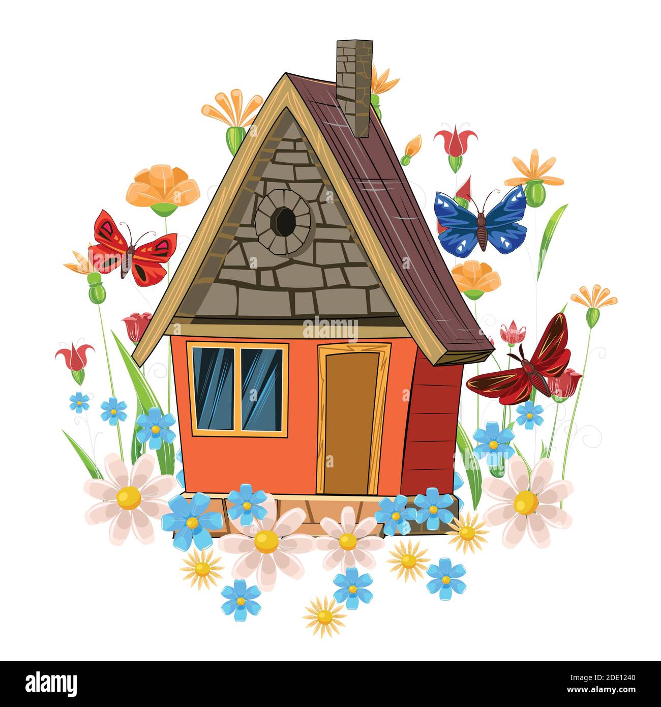 Casa in pietra. Favoloso oggetto cartoon. Carino stile infantile. Antica dimora. Minuscolo, piccolo. Sullo sfondo di fiori e farfalle. Isolato Illustrazione Vettoriale