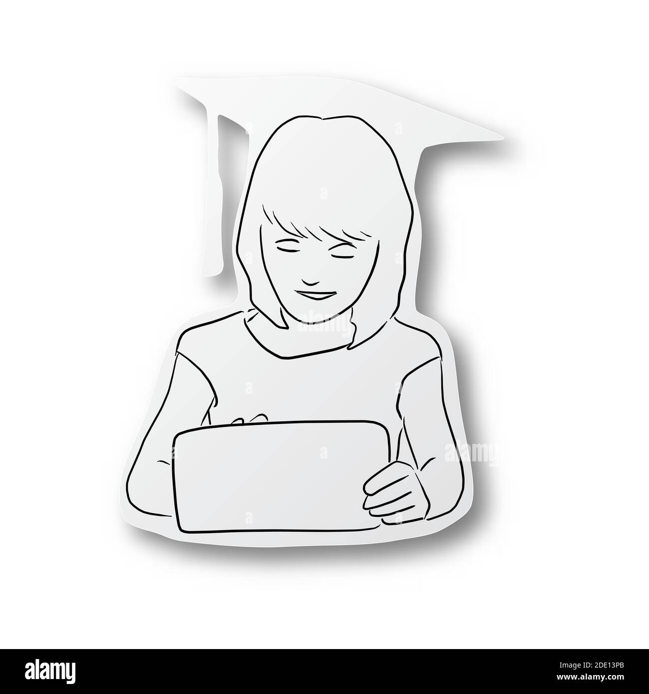 Vettoriale linea nera disegnata a mano di ragazza con tablet pc sul cappuccio graduato tagliare carta con ombra isolata su bianco sfondo Illustrazione Vettoriale