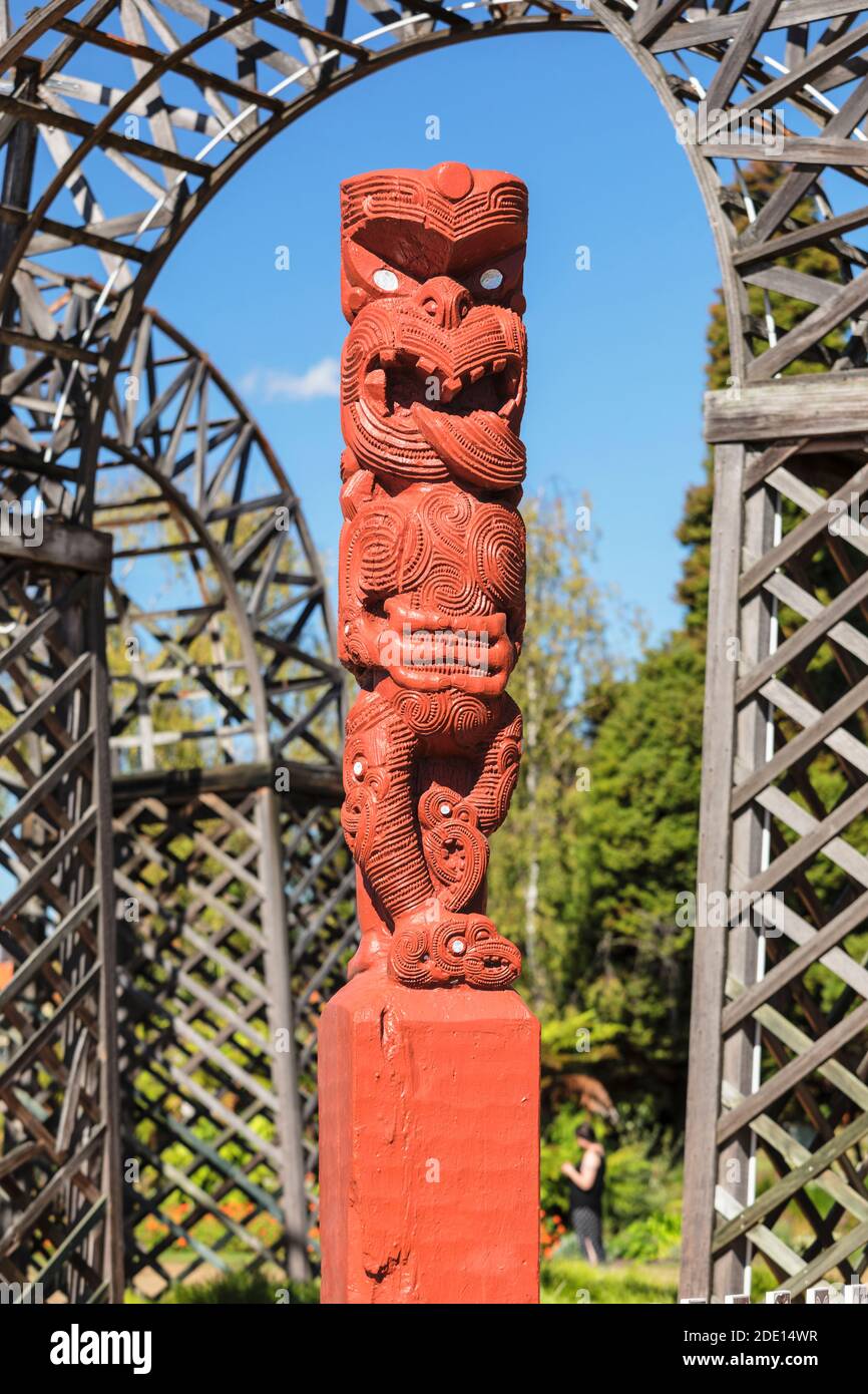 Statua in legno di Maori, Rotorua, Bay of Plenty, Isola del Nord, Nuova Zelanda, Pacifico Foto Stock