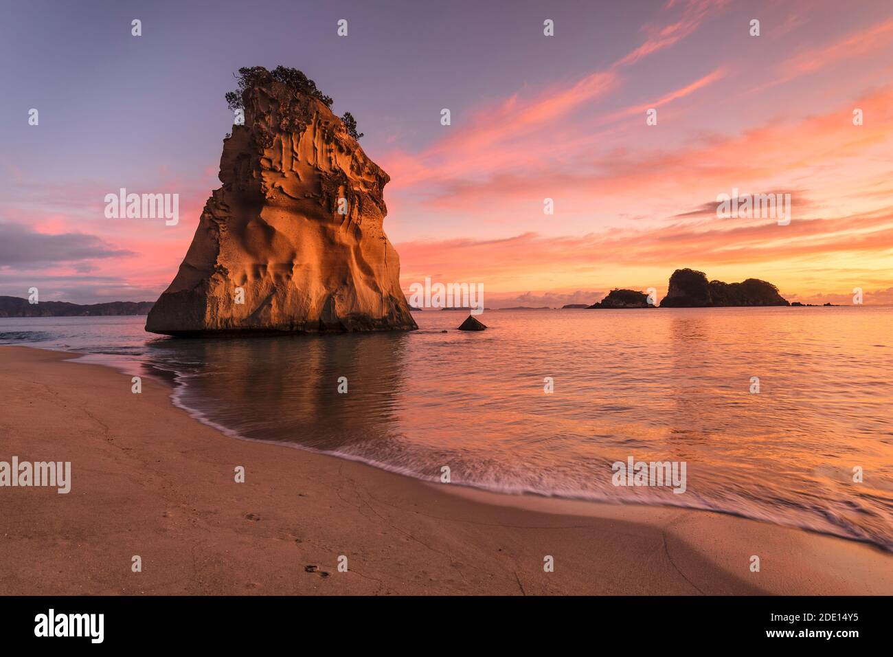 Cathedral Cove all'alba, Cathedral Cove Marine Reserve, Coromandel Peninsula, Waikato, Isola del Nord, Nuova Zelanda, Pacifico Foto Stock