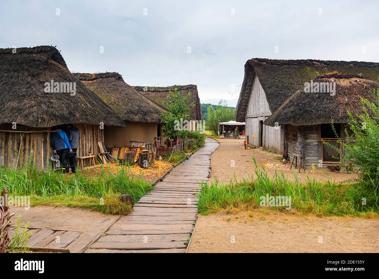 Ricostruito villaggio vichingo, Hedeby (Haithabu), patrimonio dell'umanità dell'UNESCO, Schleswig-Holstein, Germania, Europa Foto Stock