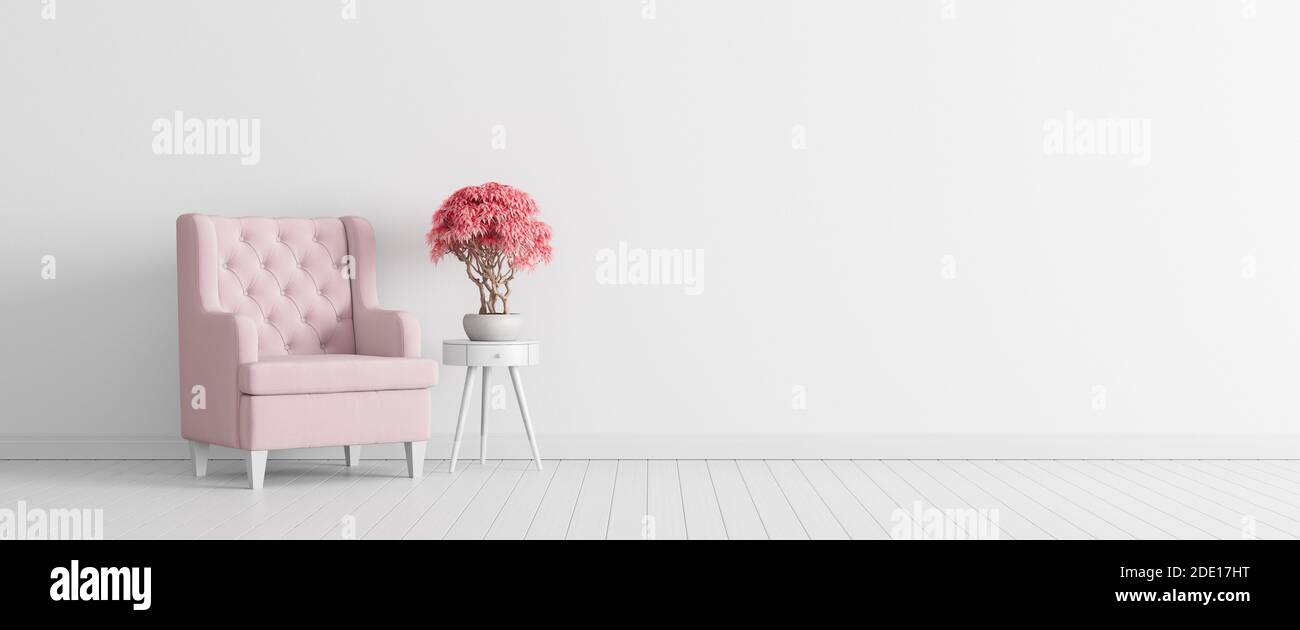 Parete in cemento bianco con poltrona rosa pastello, design interno minimal. rappresentazione 3d illustrazione 3d Foto Stock
