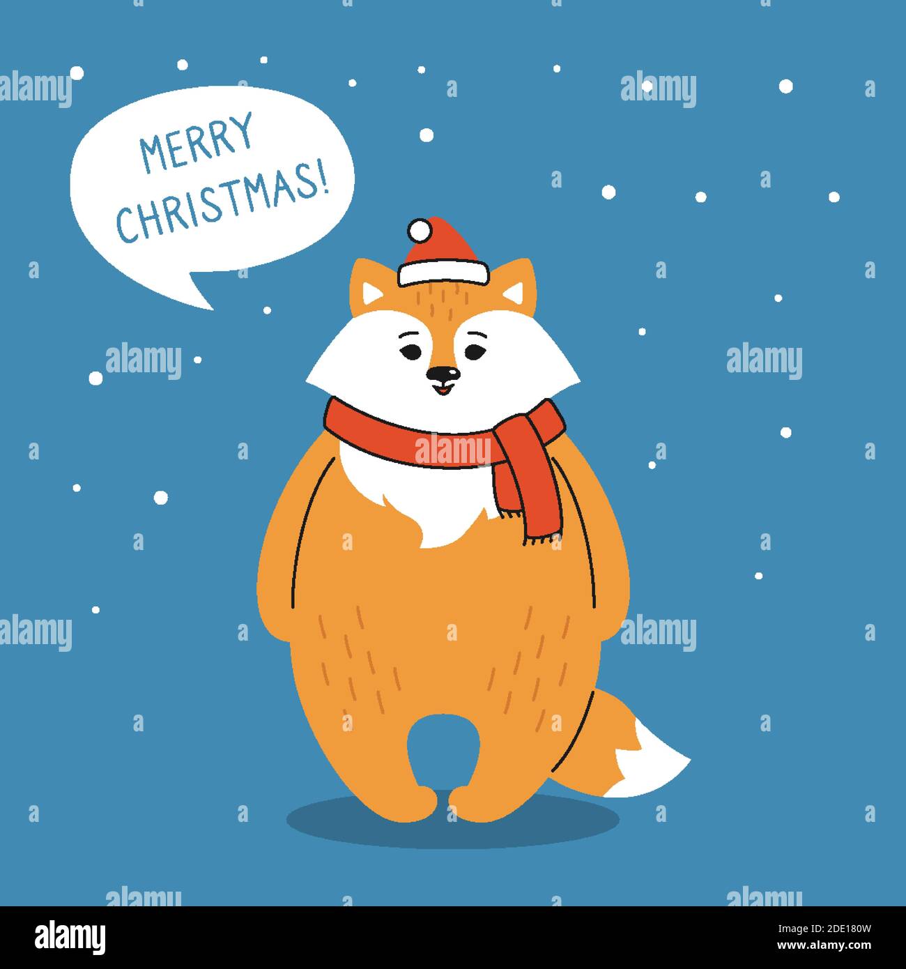 Biglietto d'auguri natalizio, volpe con bolla di dialogo. Volpe rossa di nuovo anno nel cappello di Babbo Natale. Simpatico personaggio natalizio con cartoni animati disegnati a mano. Felice anno nuovo, Buon Natale. Vettore animale Illustrazione Vettoriale