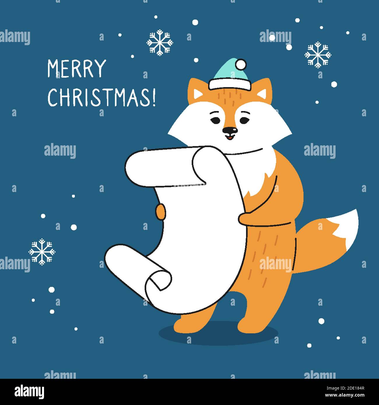 Biglietto di auguri natalizi, volpe con lista dei desideri. Fumetto divertente disegnato a mano New Year rosso volpe personaggio di natale. Felice anno nuovo, Buon Natale. Vettore animale Illustrazione Vettoriale