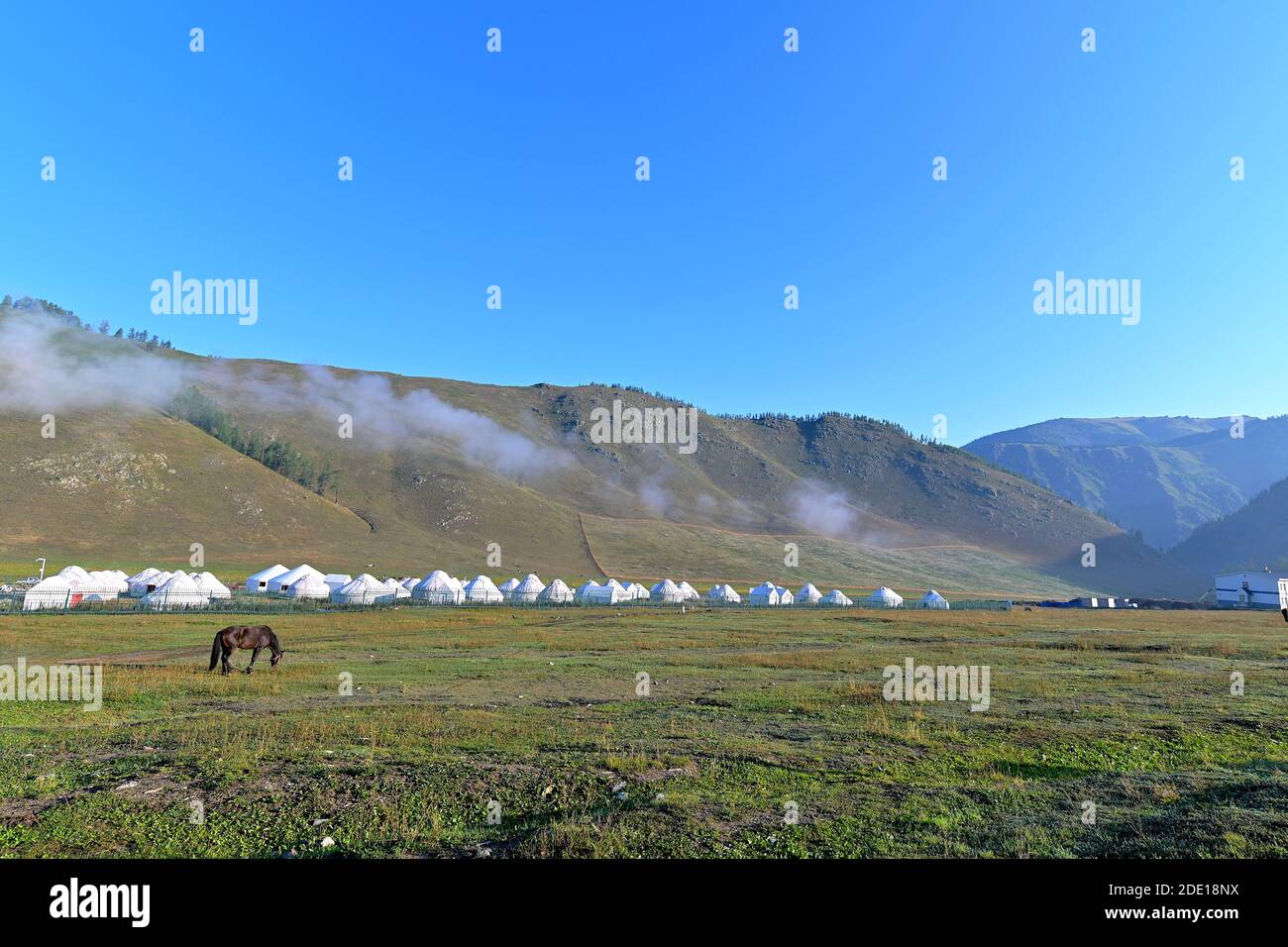 Un cavallo da pascolo e tende mongolo sulle praterie della Riserva Naturale di Kanas, Xinjiang settentrionale, Cina Foto Stock