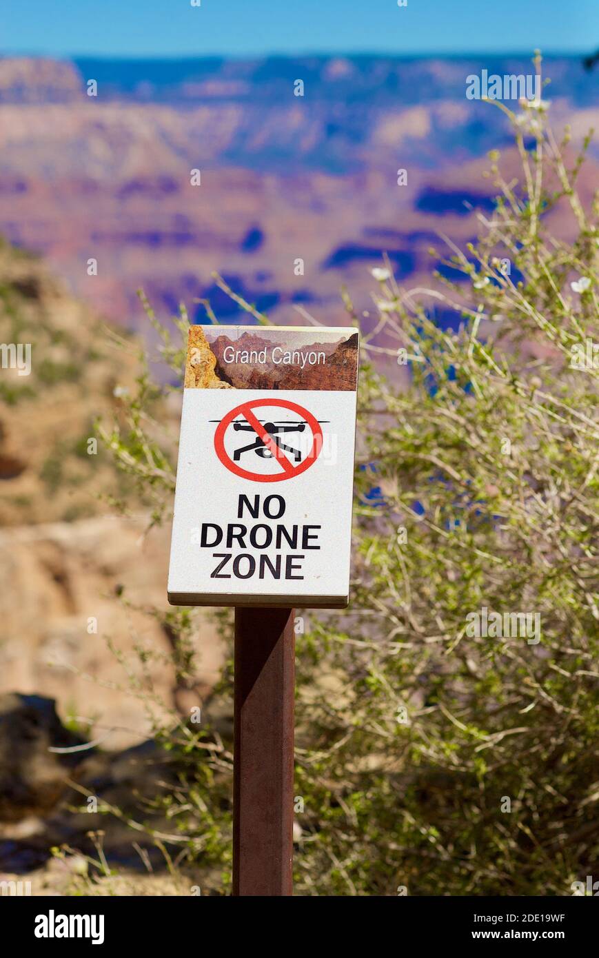 Grand Canyon National Park, Arizona, USA - 29 luglio 2020: Un cartello "No Drone zone" ricorda ai visitatori che è illegale volare droni sul Grand Canyon. Foto Stock