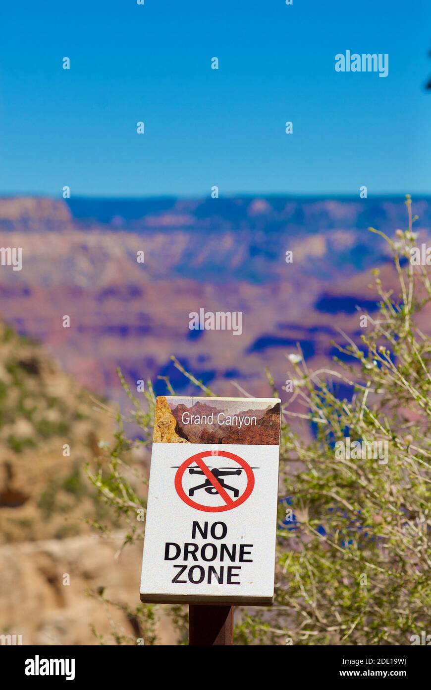 Grand Canyon National Park, Arizona, USA - 29 luglio 2020: Un cartello "No Drone zone" ricorda ai visitatori che è illegale volare droni sul Grand Canyon. Foto Stock