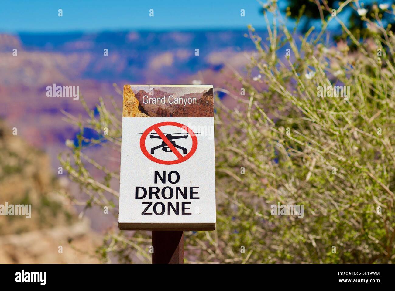 Grand Canyon National Park, Arizona, USA - 29 luglio 2020: Un cartello "No Drone zone" ricorda ai visitatori che è illegale volare droni sul Grand Canyon. Foto Stock